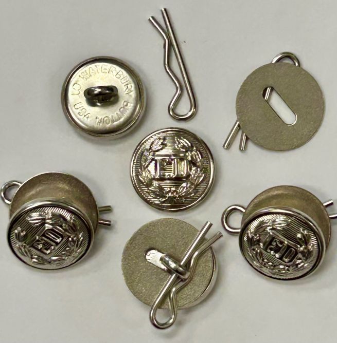 FD SMALL NICKEL UNIFORM BUTTON SET = 1 "FD" BUTTON, 1 DISC & 1 COTTER PIN EACH.